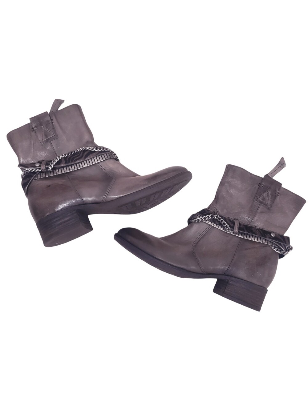 MJUS Leather Ankle Boots Women's Brown Metal Chain Leopard Accent Ankle Boots